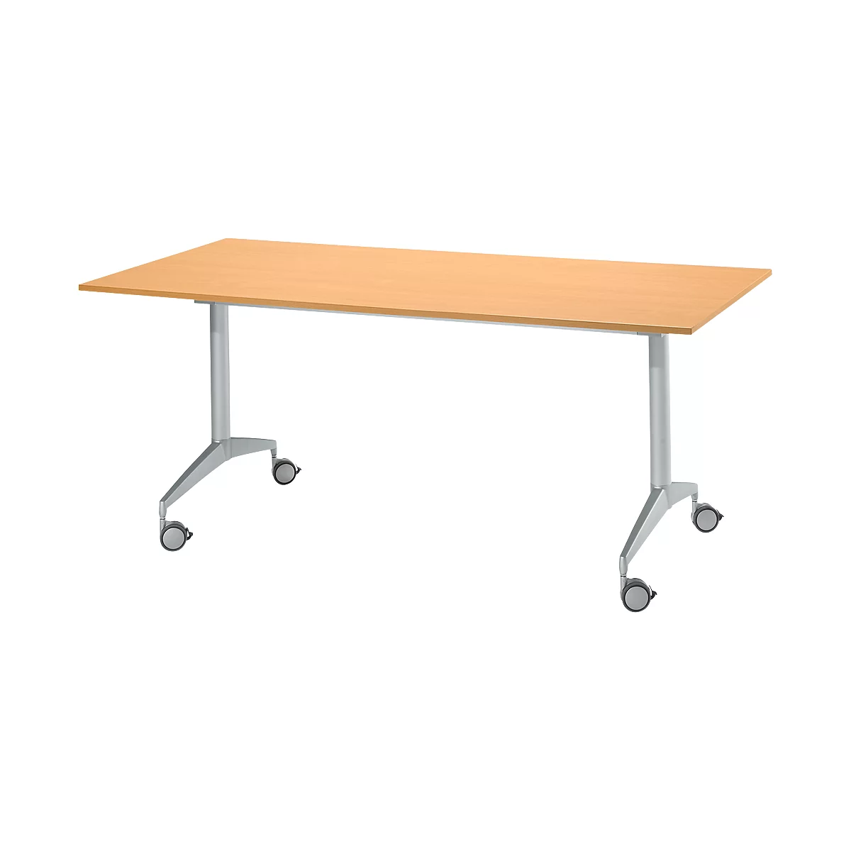 Rechthoekige lichte tafel met wielen. Het tafelblad is lichtbruin. De poten zijn zilverkleurig en voorzien van wielen.