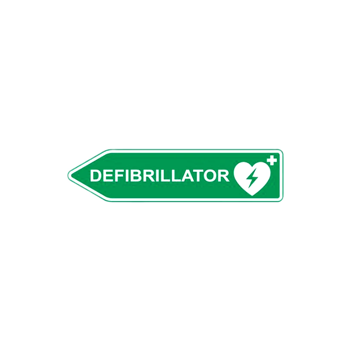 Verkeersbord defibrillator AED-locatie, pijlvorm, naar links wijzend, lichtdoorlatend, weerbestendig, Dibond-print, L 600 x H 150 mm, groen-wit