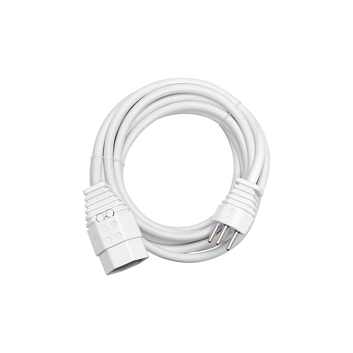 Weisses Netzkabel, in Schlaufen gelegt. Stecker und Buchse sind zu sehen.
