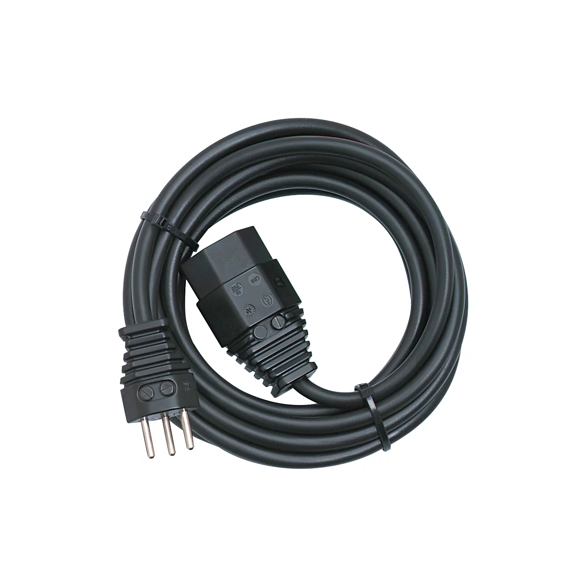 Schwarzes Netzkabel mit Kaltgeräte- und Eurostecker, Kabel mit Kabelbinder fixiert.
