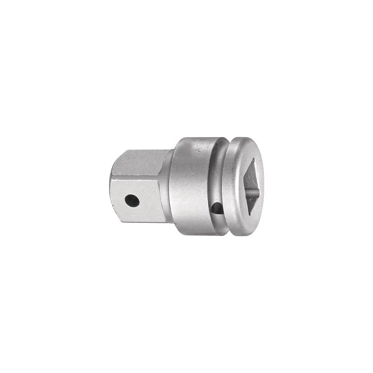 Grijze metalen socket connector, vierkante en ronde uiteinden, met gaten. AS ingedrukt.