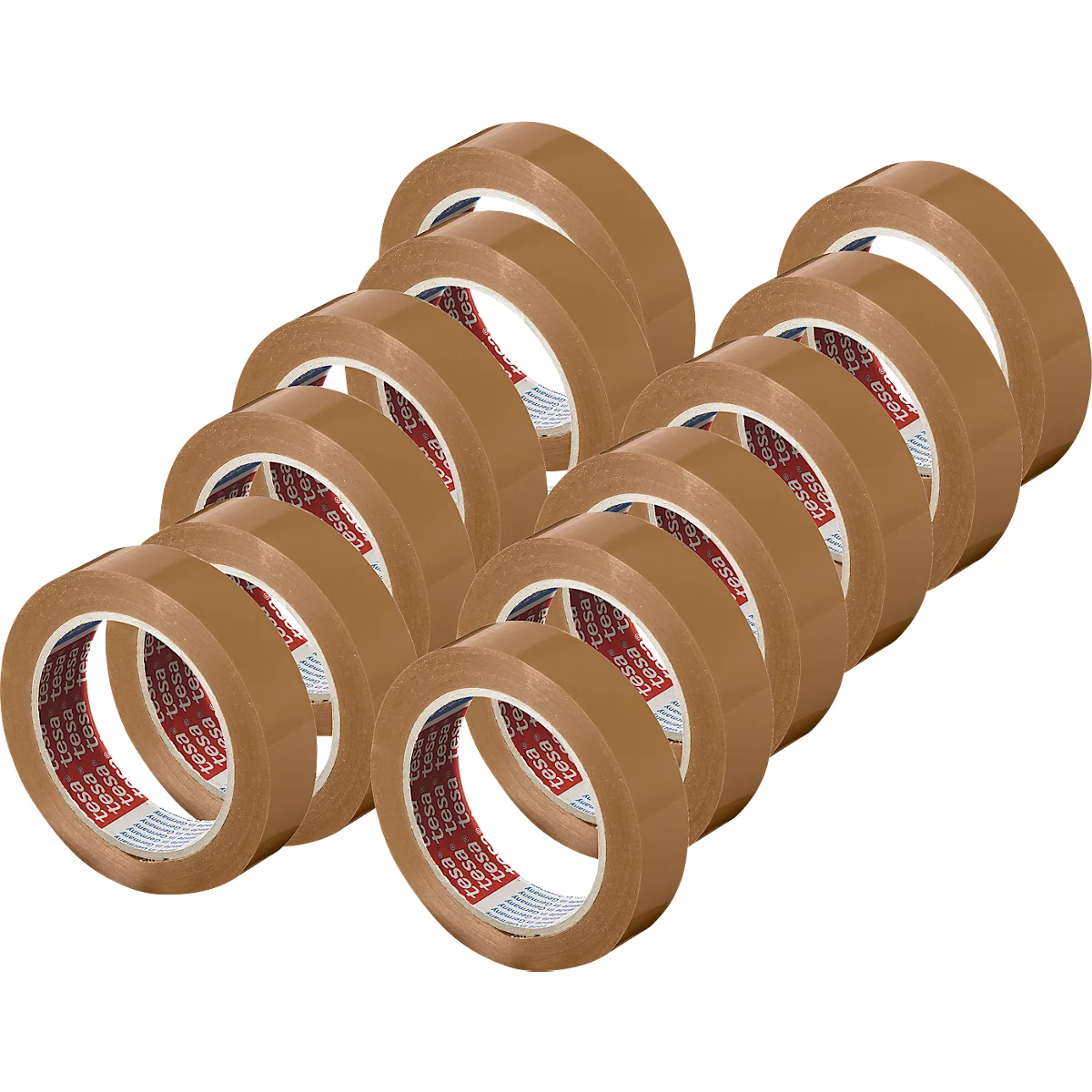 Verschillende rollen bruine tape naast elkaar. Het merk Tesa is zichtbaar.
