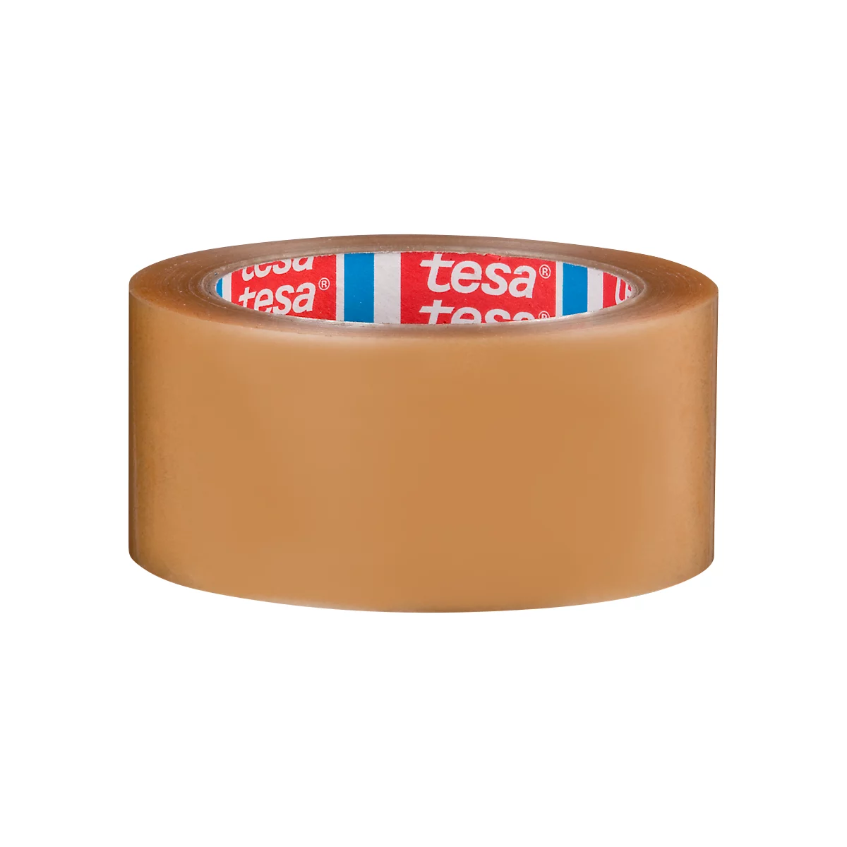 Een rol bruine verpakkingstape met het rode Tesa-logo.