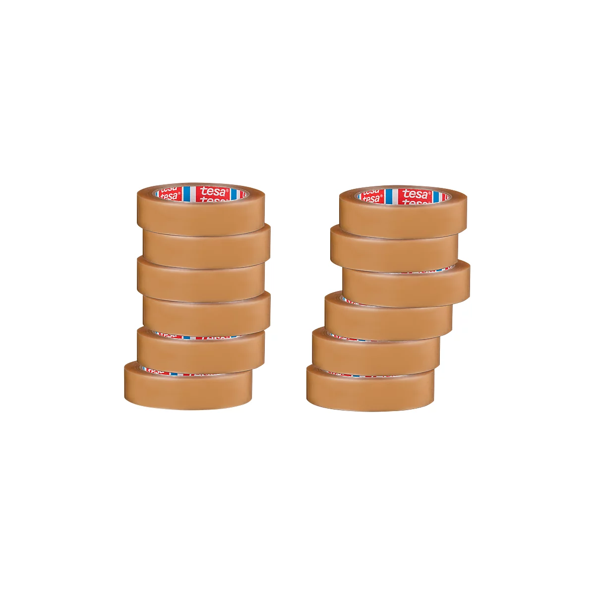 Twee stapels bruine plakband. Op elke tape staat "tesa".