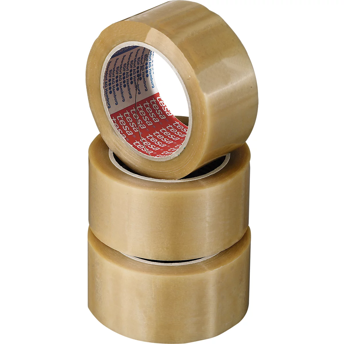 Drie rollen bruine verpakkingstape, één rol bovenop. De tekst "tesa" is zichtbaar op de tape.