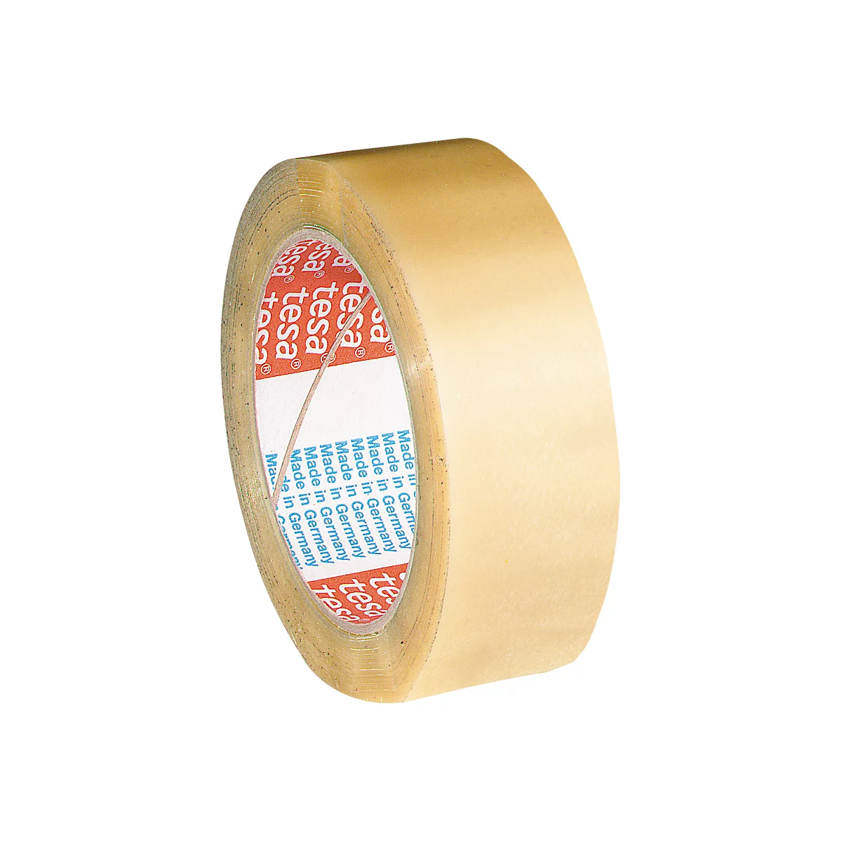 Een rol transparante tape met een rode binnenkern, met de merknaam 'tesa'.