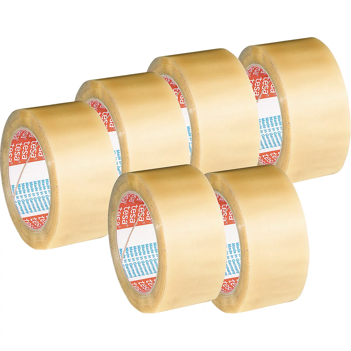 Zes rollen transparante tape. Op de rollen staat de tekst "tesa".