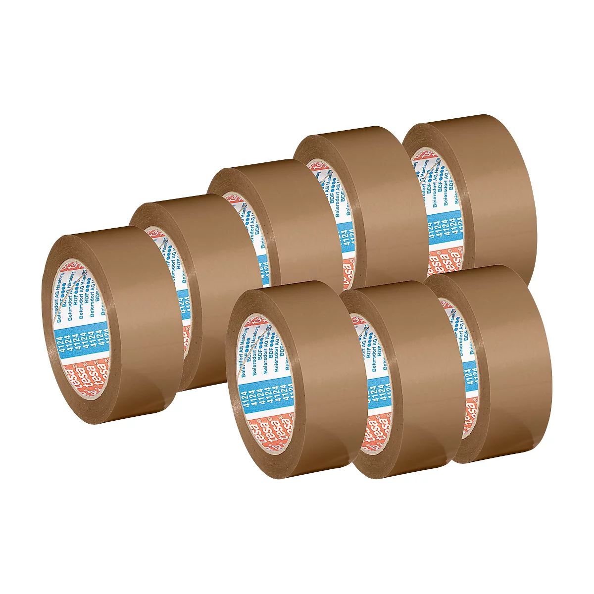 Acht bruine plakbandrollen met opdruk.