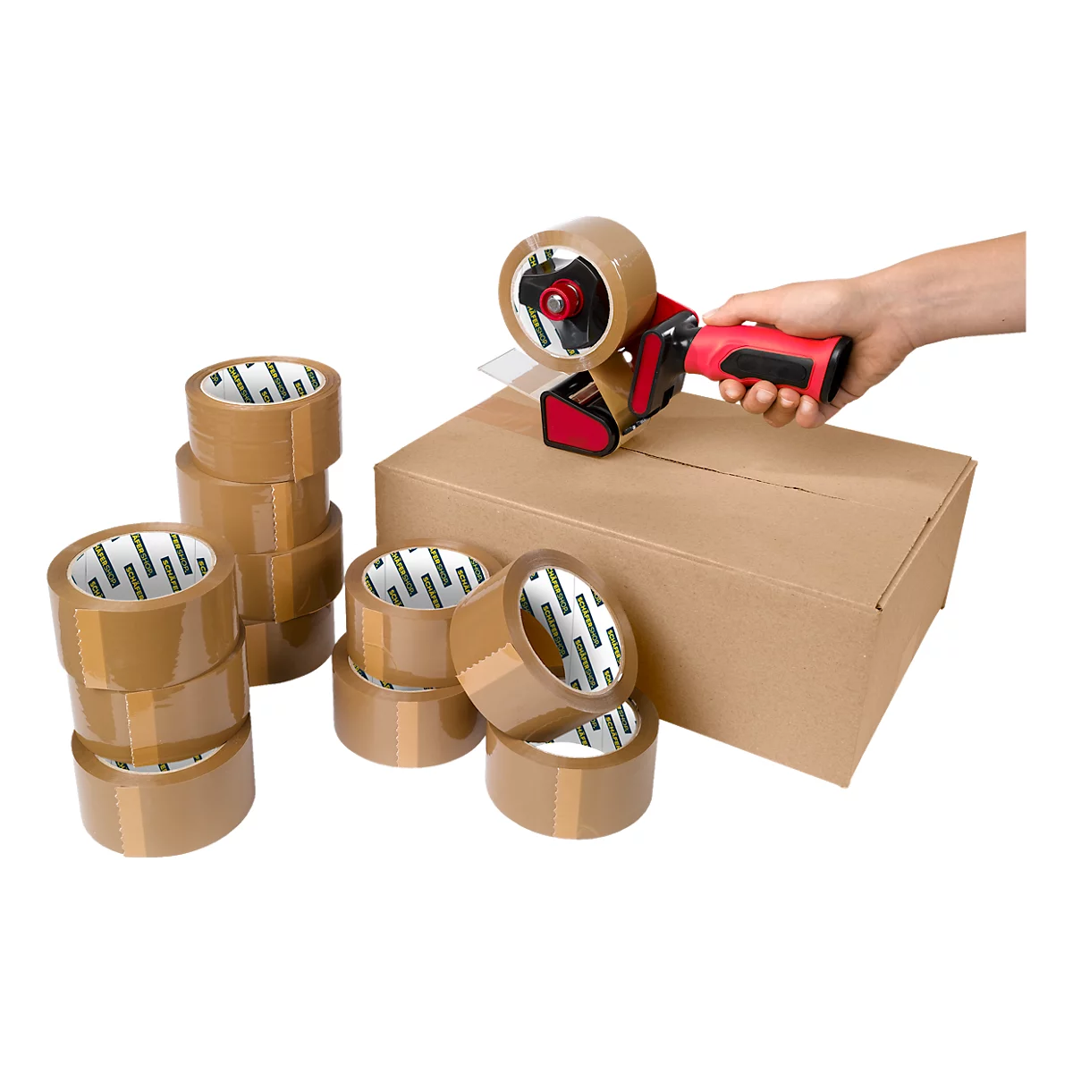 Verpakkingstape - polypropeenfolie - B 50 mm x L 66 m - bruin - 12 rollen + afroller gratis - ons merk Schäfer Shop Select 