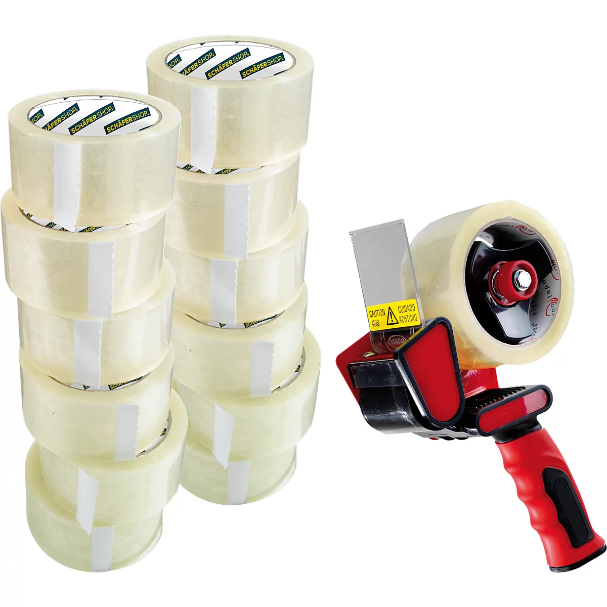 Verpakkingstape - polypropyleenfolie- B 50 mm x L 66 m - transparant - 12 rollen + afroller gratis - ons merk Schäfer Shop Select