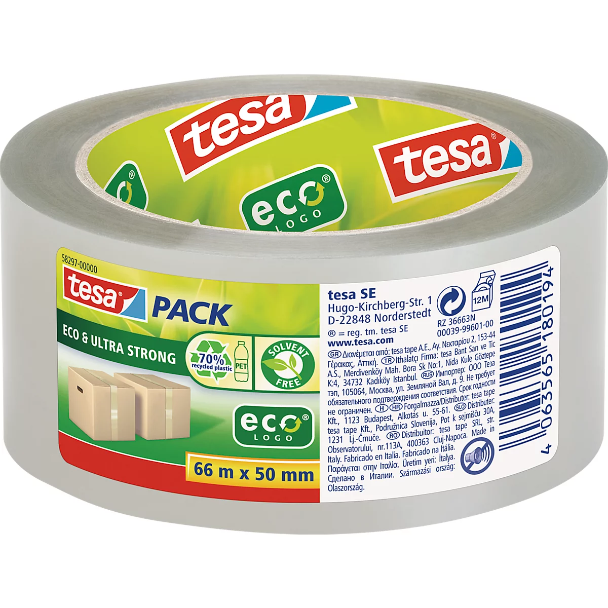 Verpakkingstape tesapack® Eco &amp; Ultra Strong EcoLogo® 58297 , extra sterke kleefkracht, voor pakketten tot 30 kg, scheurvast, UV-bestendig, 90% PCR-PET, transparant, L 66 m x B 50 mm