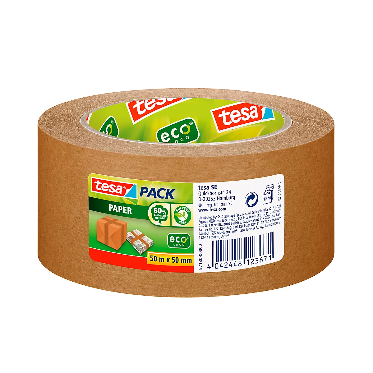 Verpakkingstape tesapack® Paper ecoLogo®, van papier, 50 mm x 50 m, dikte 107 µ, 6 rollen