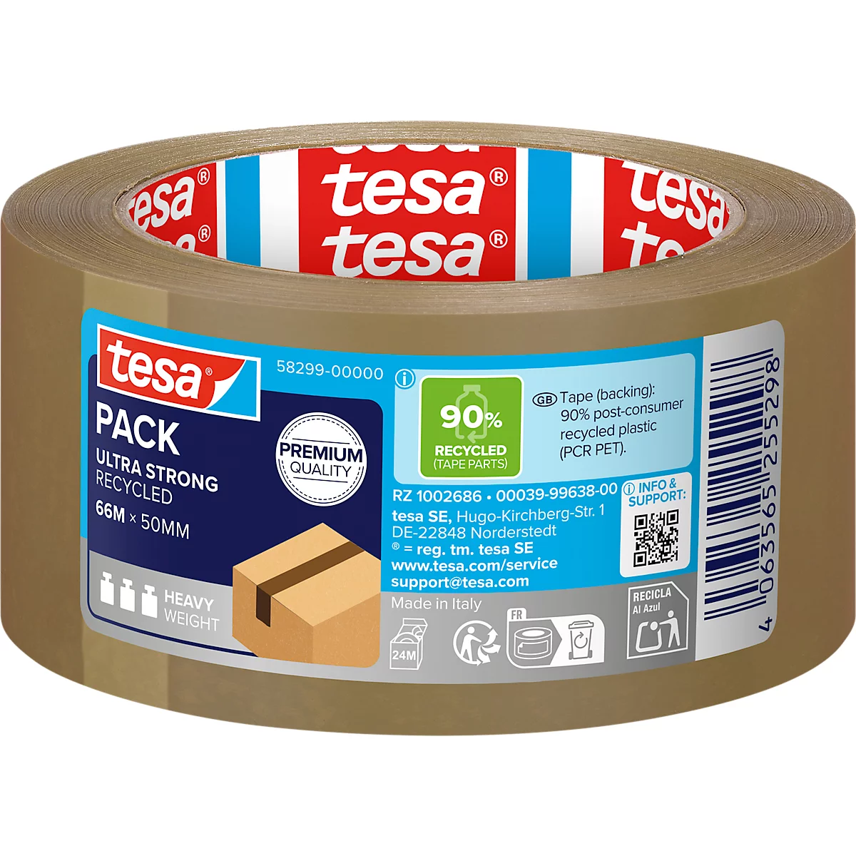 Rol tesa tape met prints en labels. Bruine verpakkingstape, 90% gerecycled materiaal.