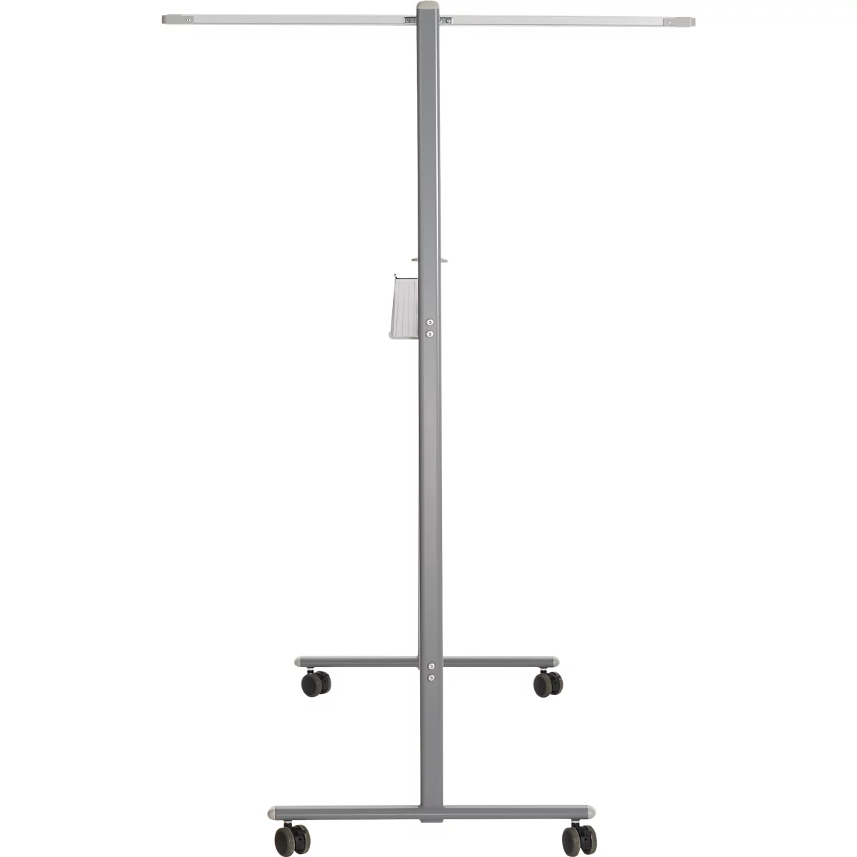 Grijze, mobiele standaard met wielen en horizontale stang.