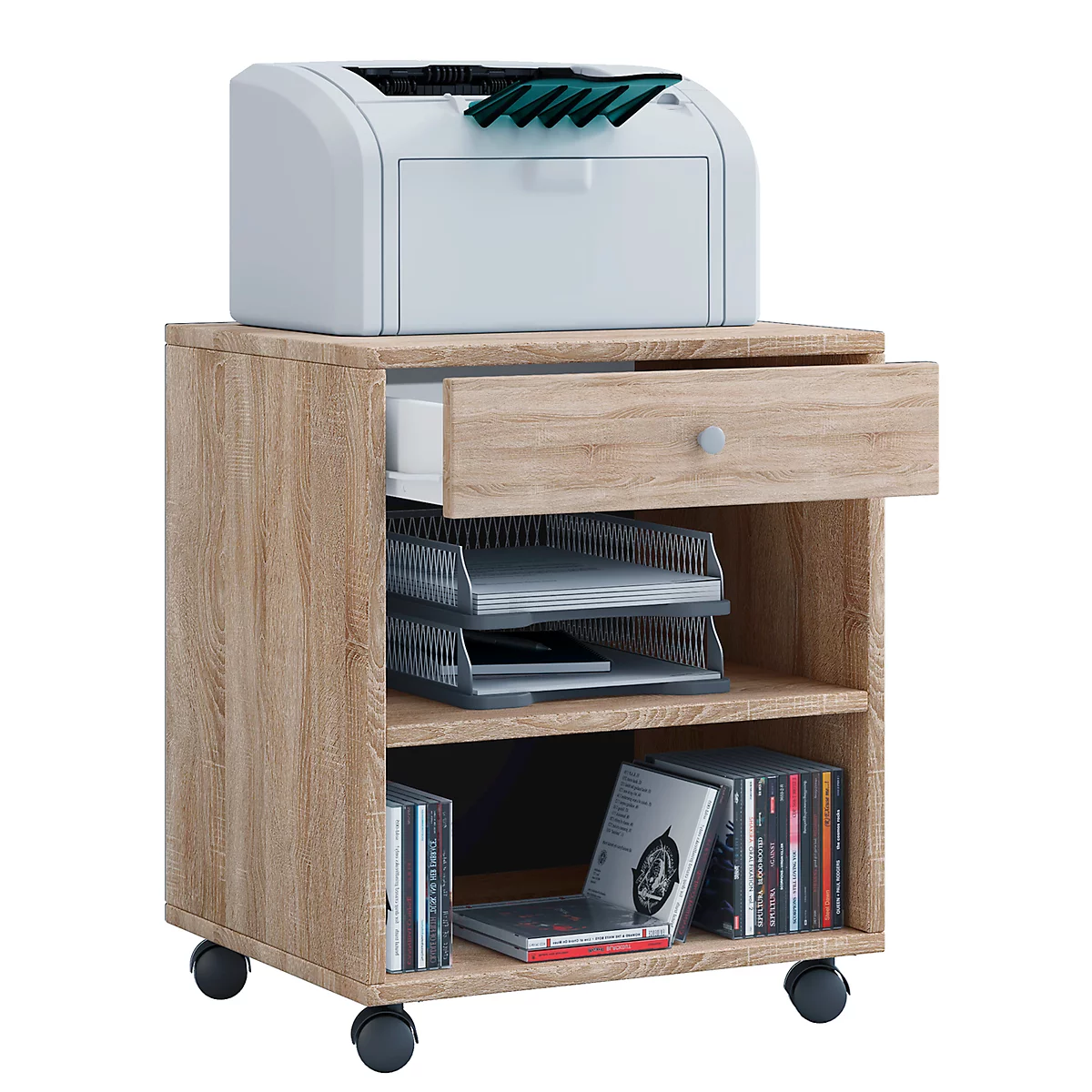 Verrijdbaar ladeblok - 1 lade &amp; 2 legborden - B 450 x D 380 x H 540 mm - decor Sonoma eik