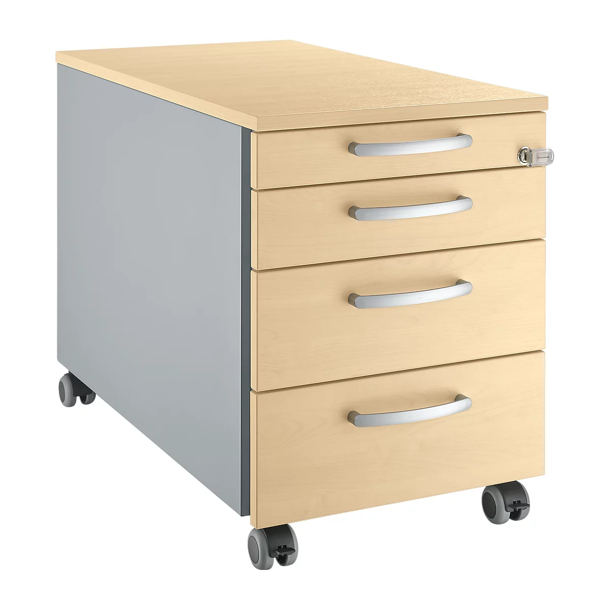 Rolcontainer met vier lades, licht hout en zilveren handgrepen. Grijze behuizing, wielen aan de onderkant.