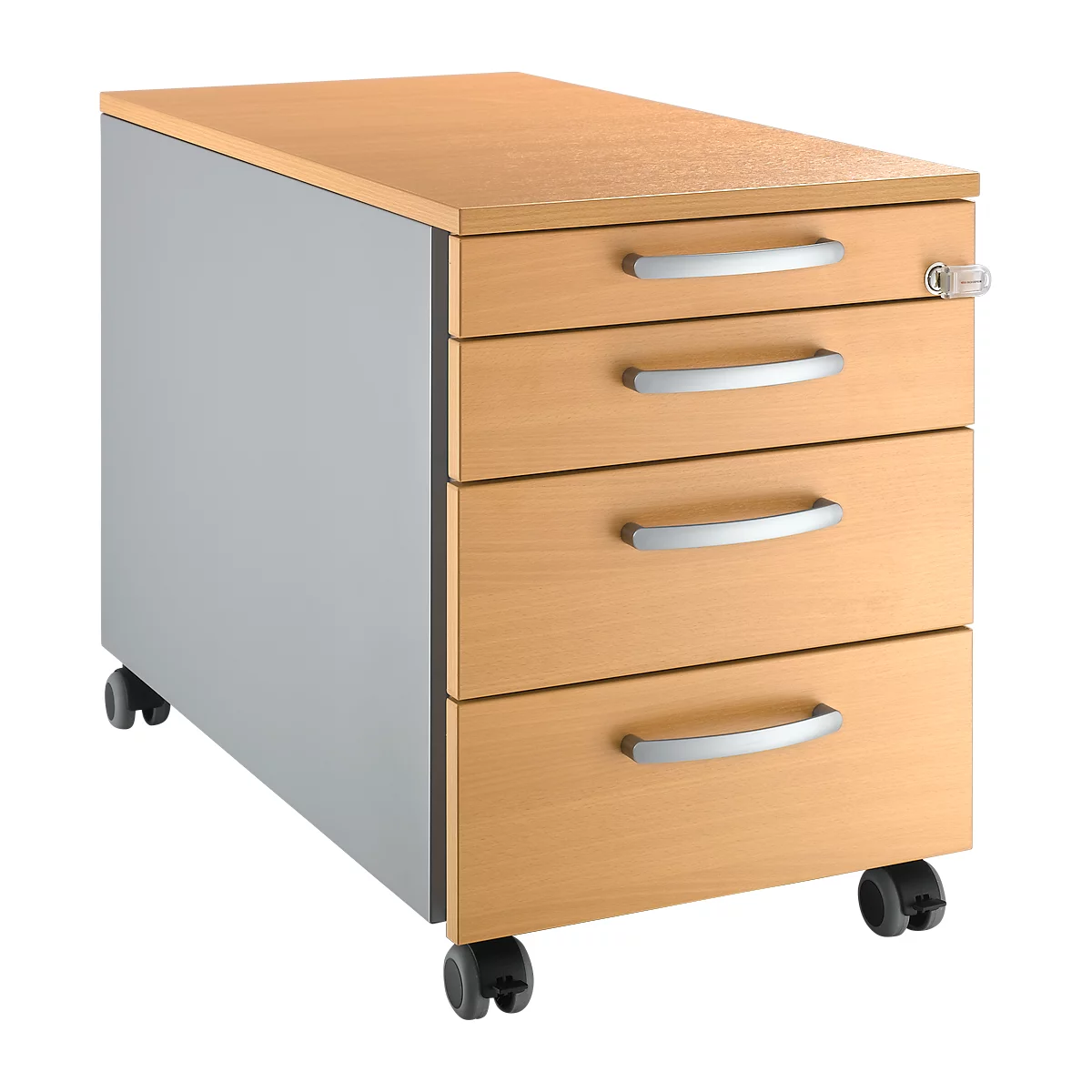 Mobiele archiefkast met houtlook, zilverkleurige zijkant, vier lades, wielen.