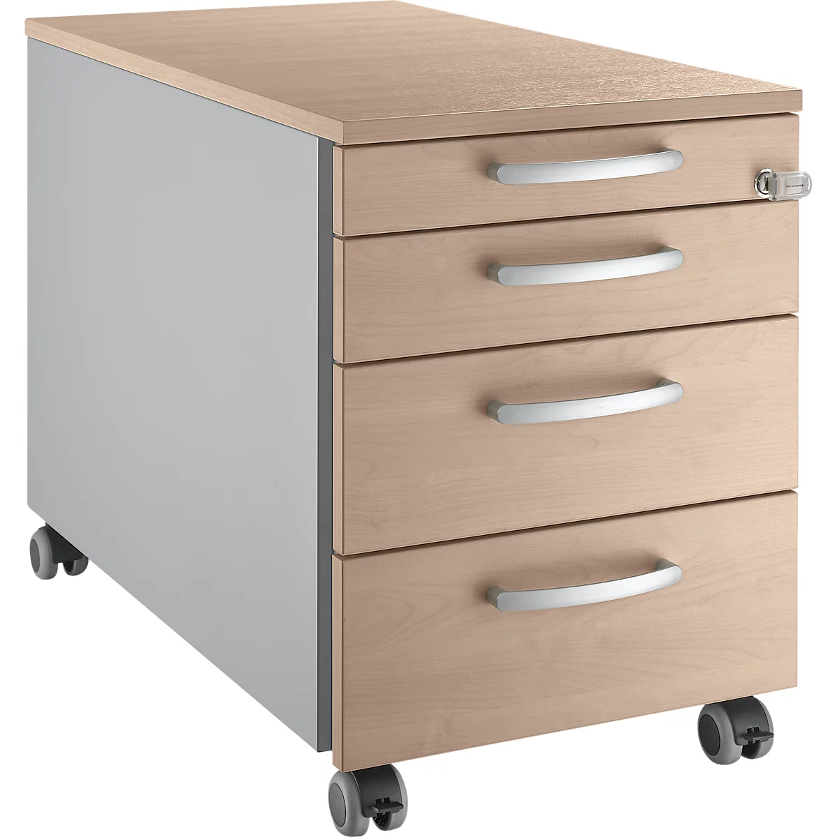 Mobiele houten rolcontainer met vier lades, zilveren handgrepen en wielen.