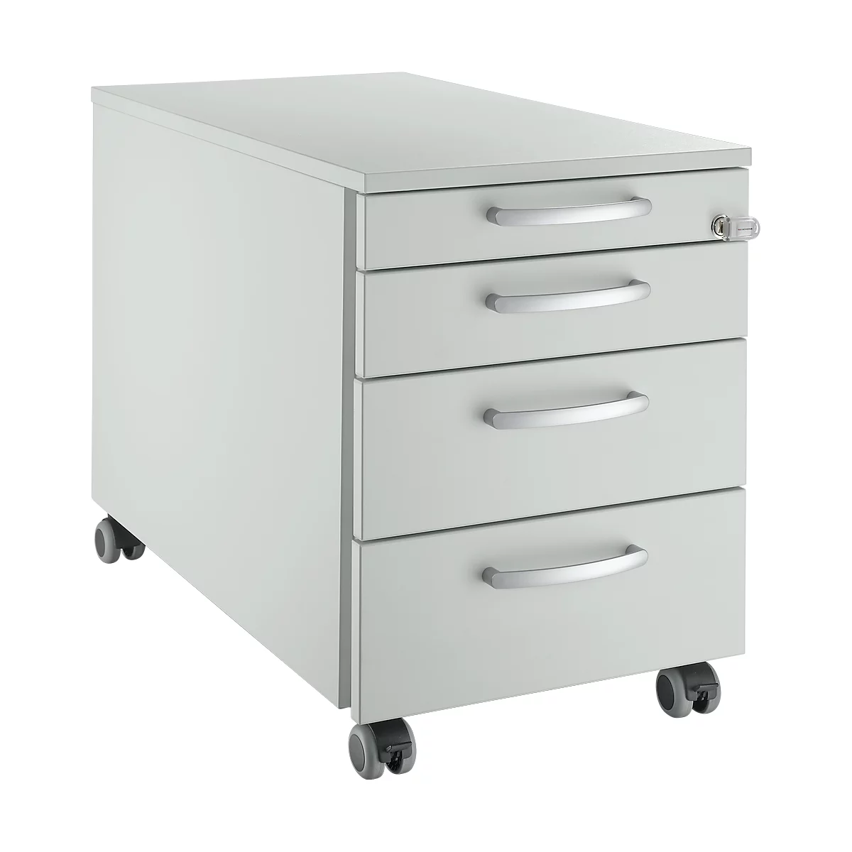 Grijze, rolbare archiefkast met 4 lades, zilveren handgrepen en een slot.