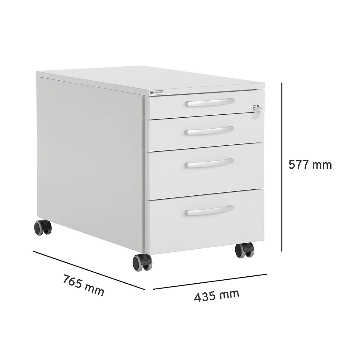 Witte roldock met vier laden, zilveren handgrepen en wieltjes. Afmetingen: 765 mm x 435 mm x 577 mm.