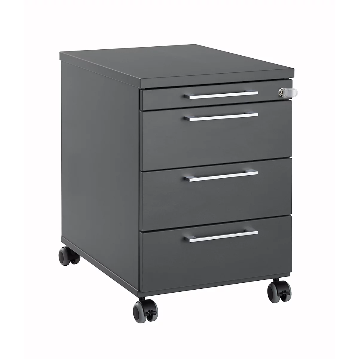 Verrijdbaar ladeblok 1333, 3 laden en 1 materiaallade, afsluitbaar, hoekige grepen, hout/staal/kunststof, B 434 x D 600 x H 613 mm, grafiet