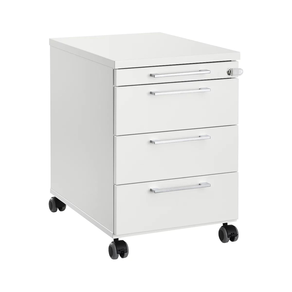 Verrijdbaar ladeblok 1333, 3 laden en 1 materiaallade, afsluitbaar, hoekige grepen, hout/staal/kunststof, B 434 x D 600 x H 613 mm, lwit