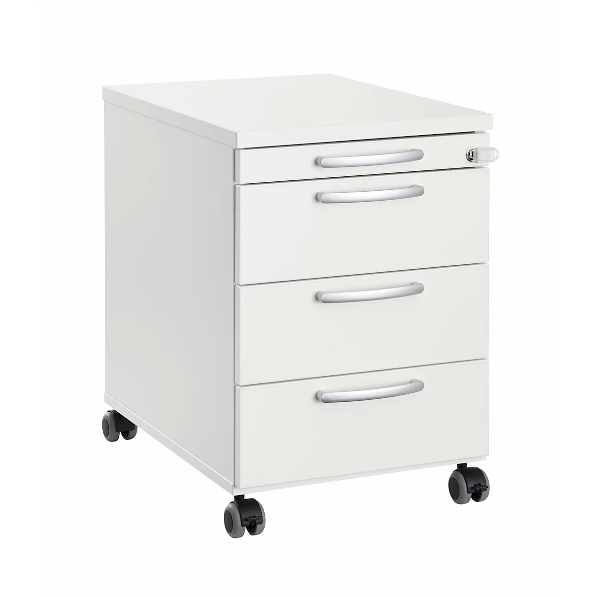 Verrijdbaar ladeblok 1333, 3 laden en 1 materiaallade, afsluitbaar, ronde grepen, hout/staal/kunststof, B 434 x D 600 x H 613 mm, wit