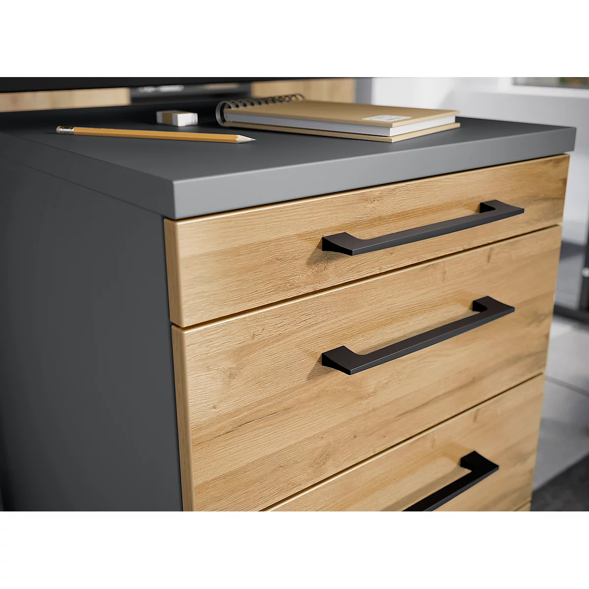 Verrijdbaar ladeblok 1333 Profi 2.0, 1 materiaallade, 3 laden, booggrepen, B 420 x H 610 x D 490 mm, , Granson eiken/grafiet