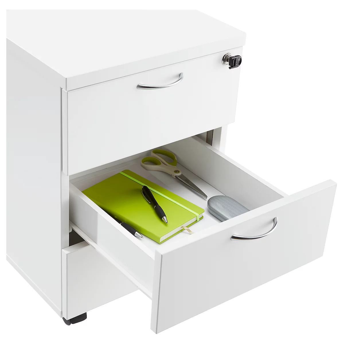 Witte rolcontainer met open lade: groen notitieboek, pen, schaar, muis.