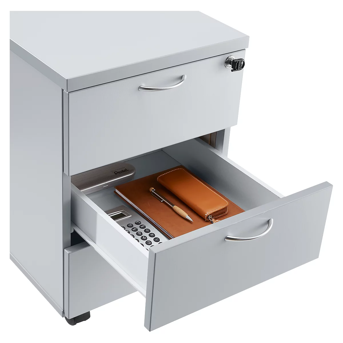 Verrijdbaar ladeblok 333, B 404 x D 500 x H 590 mm, 3 laden, vergrendelbaar, metalen handvatten, 4 dubbele zwenkwielen, grijs