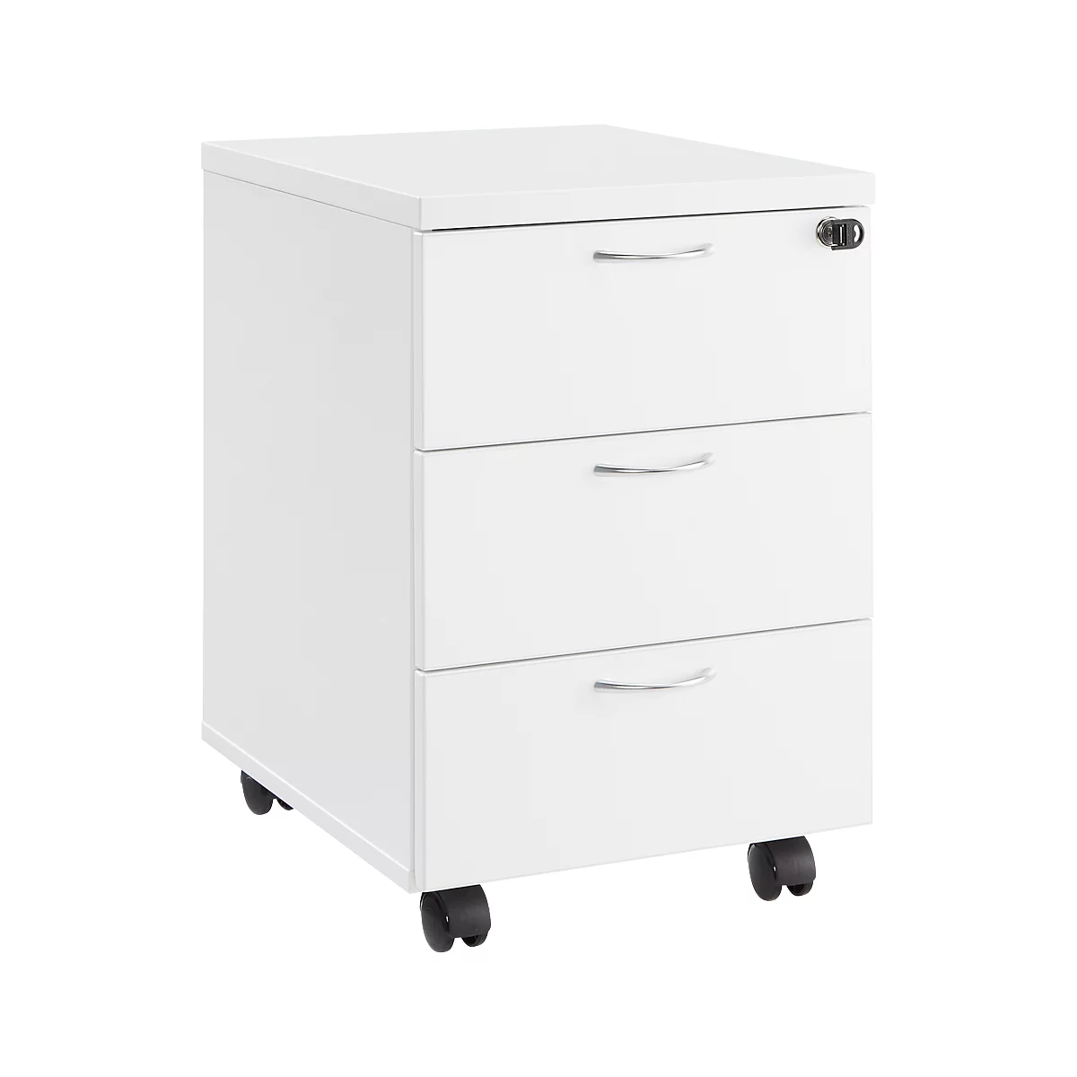 Verrijdbaar ladeblok 333, B 404 x D 500 x H 590 mm, 3 laden, vergrendelbaar, metalen handvatten, 4 dubbele zwenkwielen, wit