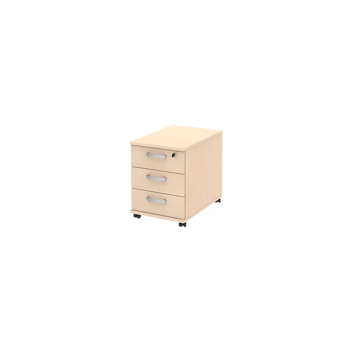 Verrijdbaar ladeblok BARI, materiaalbak, 3 schuifladen, afsluitbaar, B 427 x D 600 x H 544 mm, ahoorn/ahoorn/aluminium