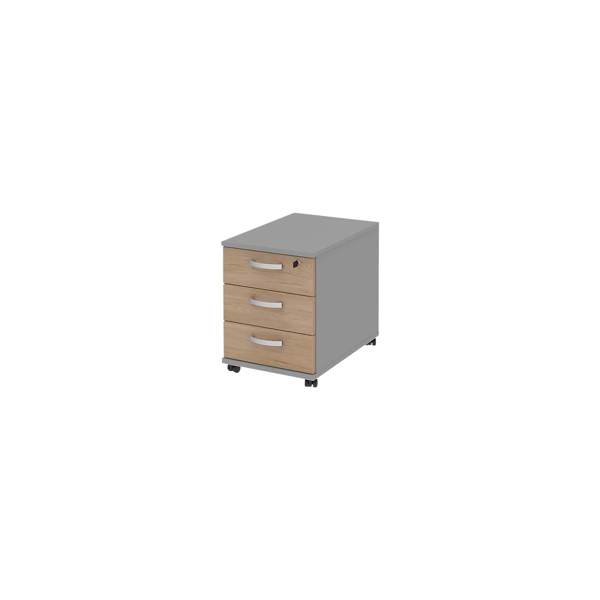 Verrijdbaar ladeblok BARI, materiaalbak, 3 schuifladen, afsluitbaar, B 427 x D 600 x H 544 mm, middengrijs/eik/aluminium