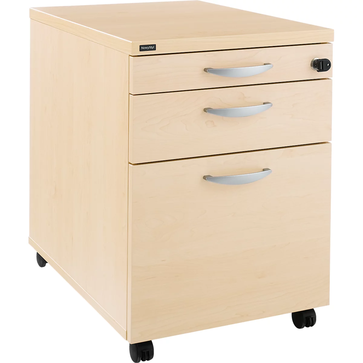 Verrijdbaar ladeblok NEVADA, 1 materiaallade , 1 lade en 1 lade voor hangmappen, B 430 x D 600 x H 600 mm, ahorn-decor