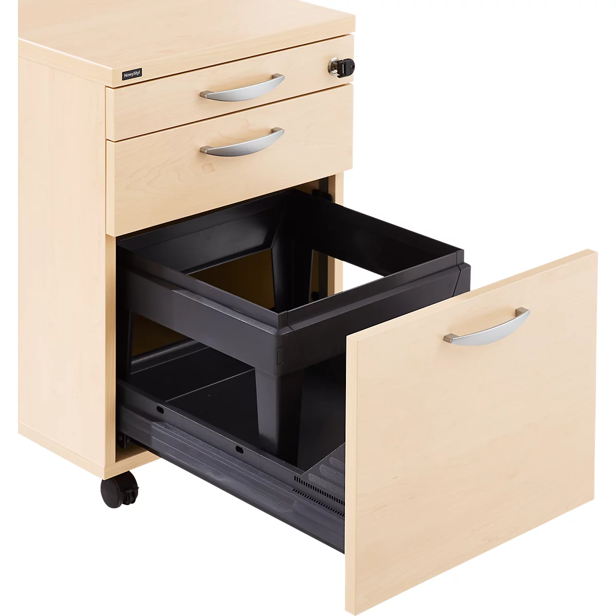 Verrijdbaar ladeblok NEVADA, 1 materiaallade , 1 lade en 1 lade voor hangmappen, B 430 x D 600 x H 600 mm, ahorn-decor