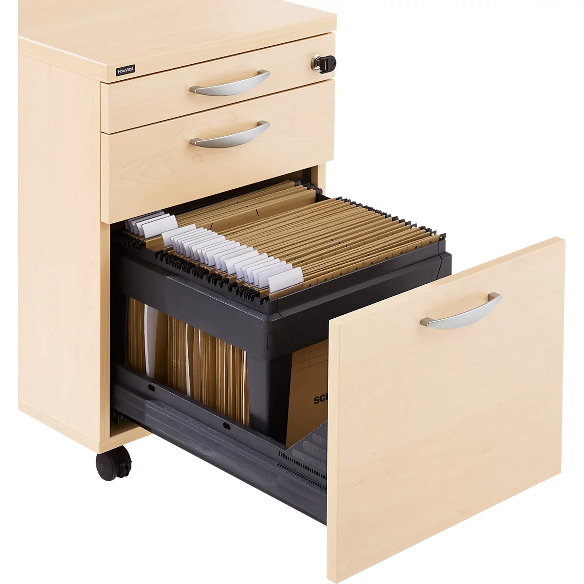 Verrijdbaar ladeblok NEVADA, 1 materiaallade , 1 lade en 1 lade voor hangmappen, B 430 x D 600 x H 600 mm, ahorn-decor