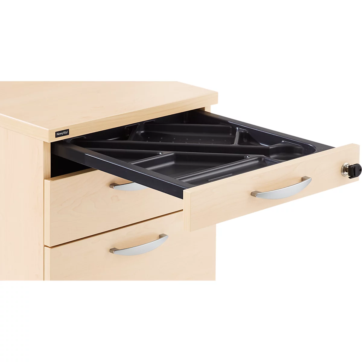 Verrijdbaar ladeblok NEVADA, 1 materiaallade , 1 lade en 1 lade voor hangmappen, B 430 x D 600 x H 600 mm, ahorn-decor