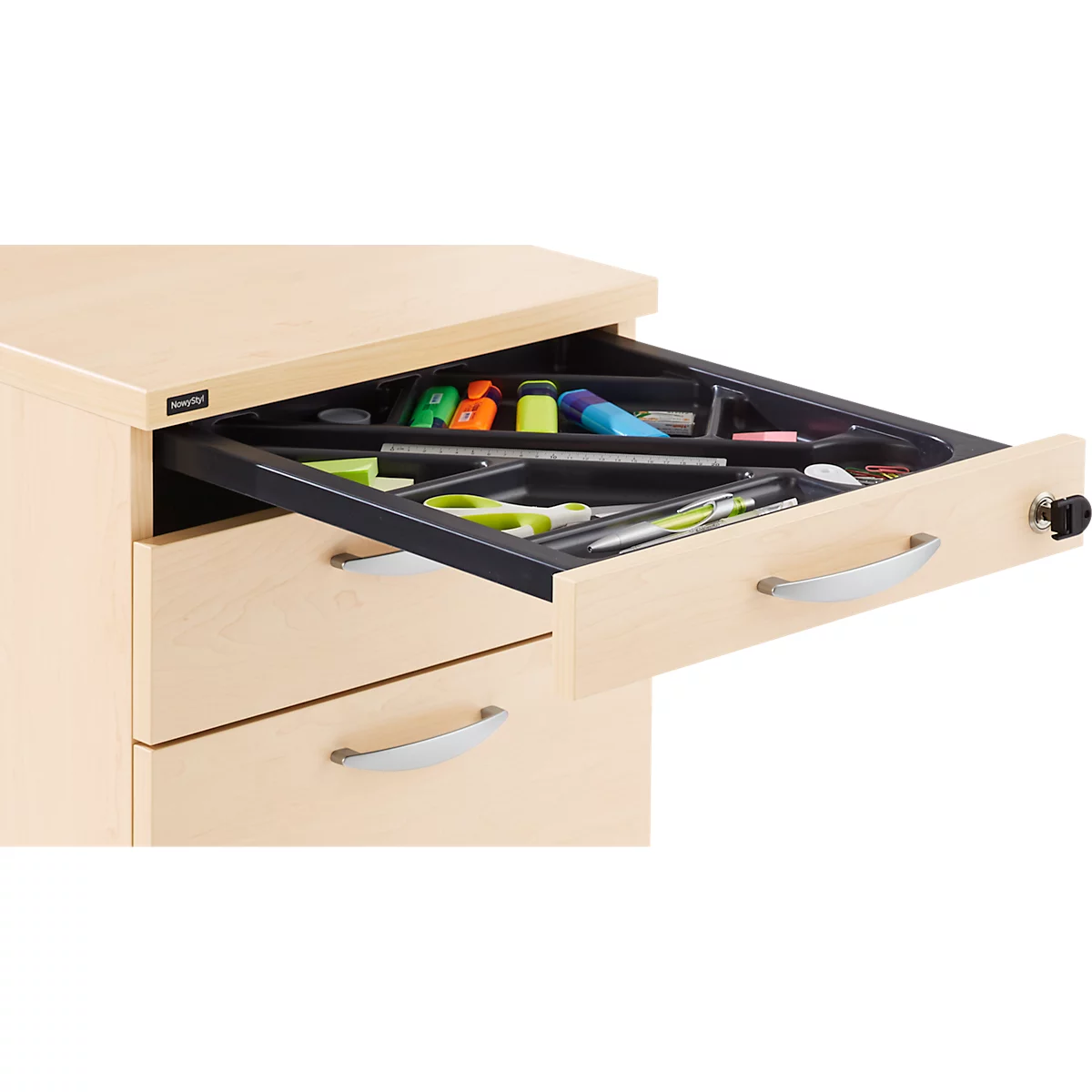 Verrijdbaar ladeblok NEVADA, 1 materiaallade , 1 lade en 1 lade voor hangmappen, B 430 x D 600 x H 600 mm, ahorn-decor