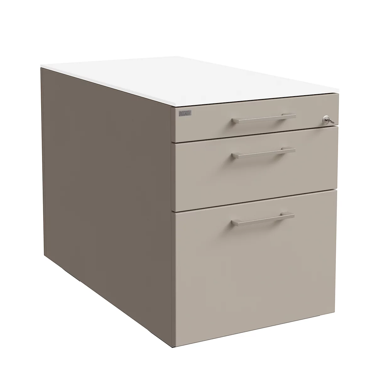 Beige roldeur met drie laden en zilveren handgrepen op een witte achtergrond.