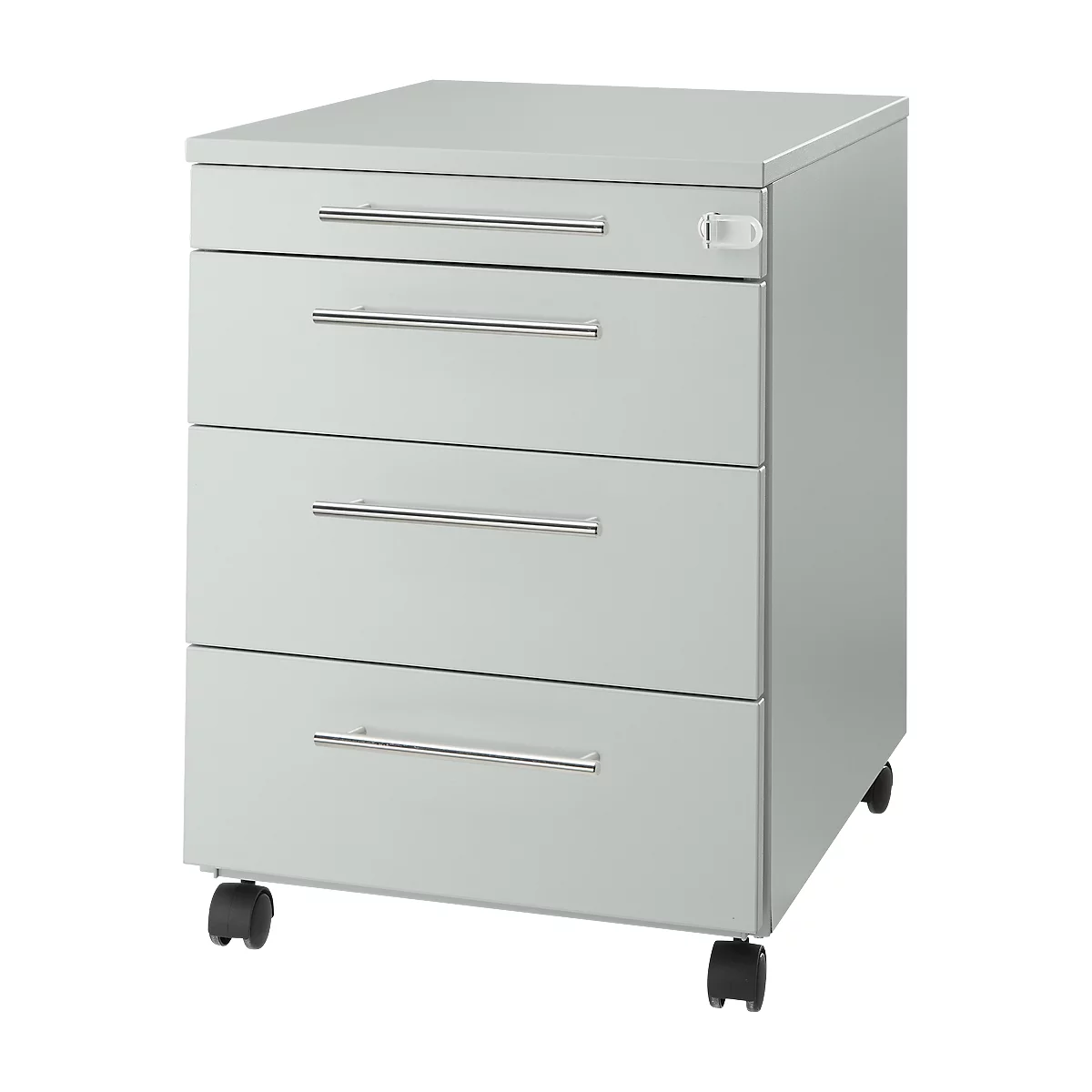 Grijze rolcontainer met drie lades en metalen handgrepen. Hij staat op wielen.