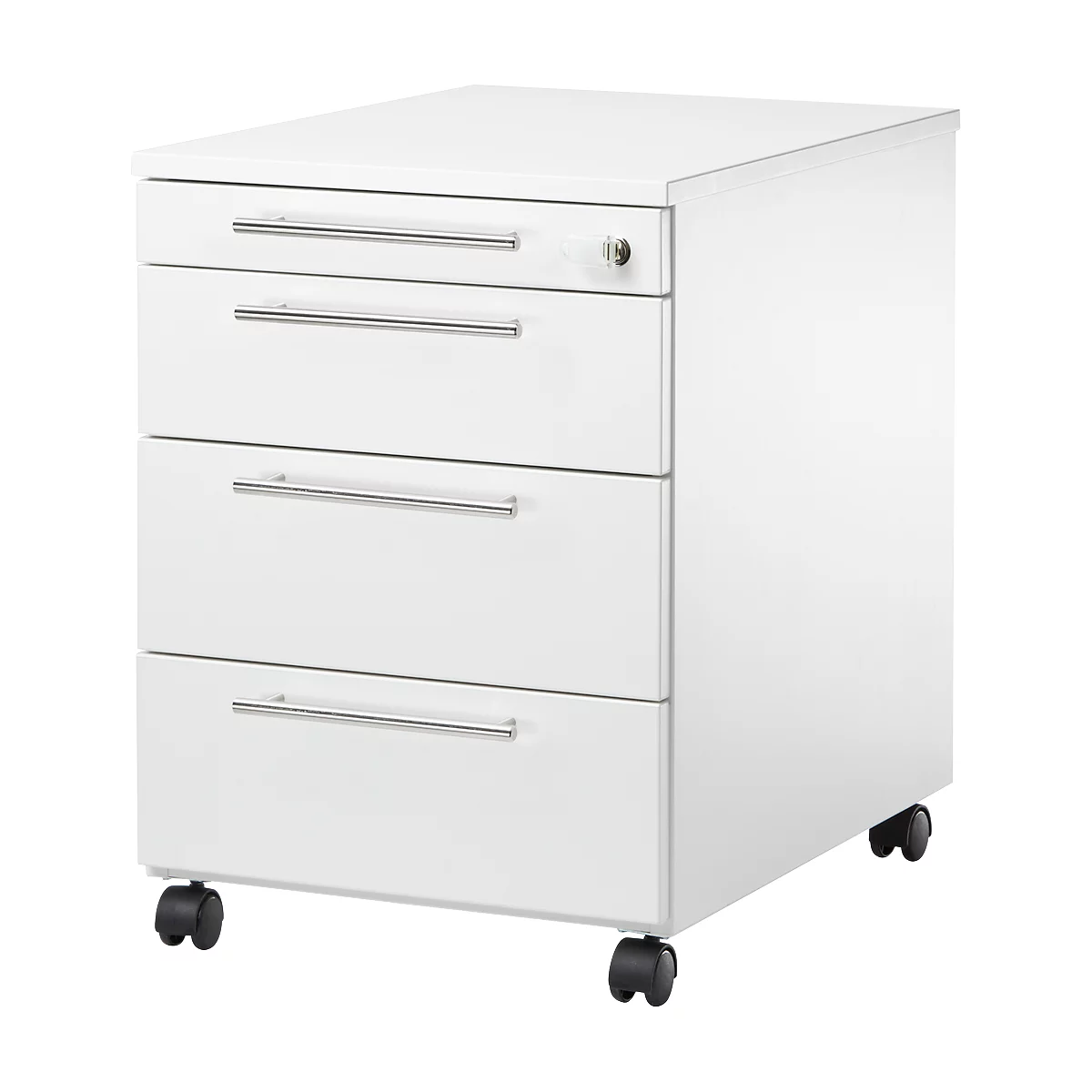 Witte, rolbare bureaucontainer met drie laden en zilveren handvatten.