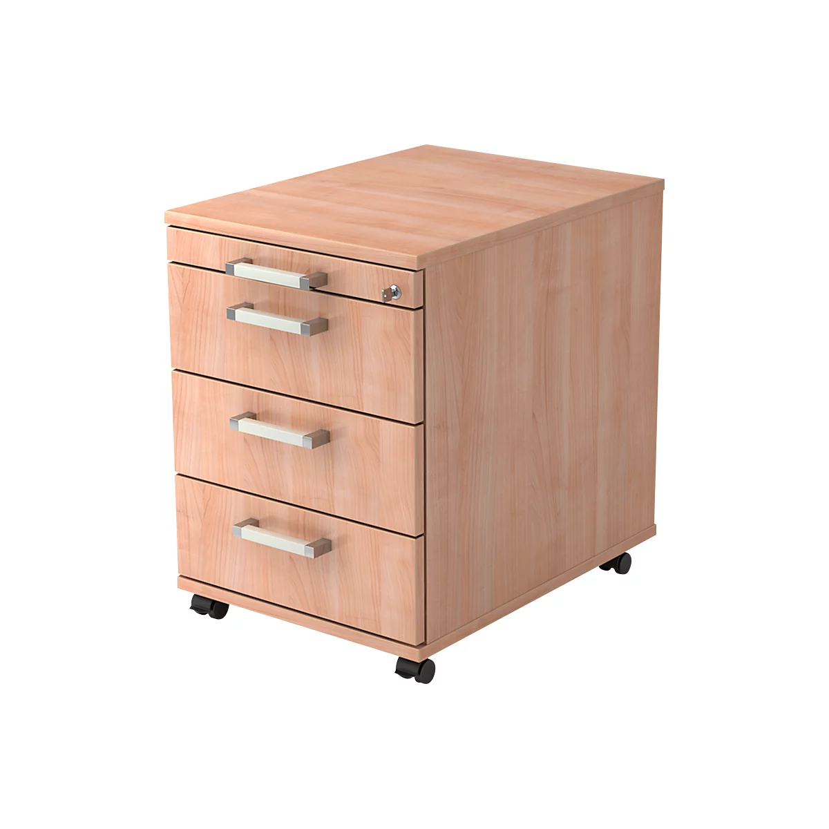Verrijdbaar ladeblok TARVIS, 1 materiaallade, afsluitbaar, 3 schuifladen, B 428 x D 580 x H 590 mm, notenhoutpatroon