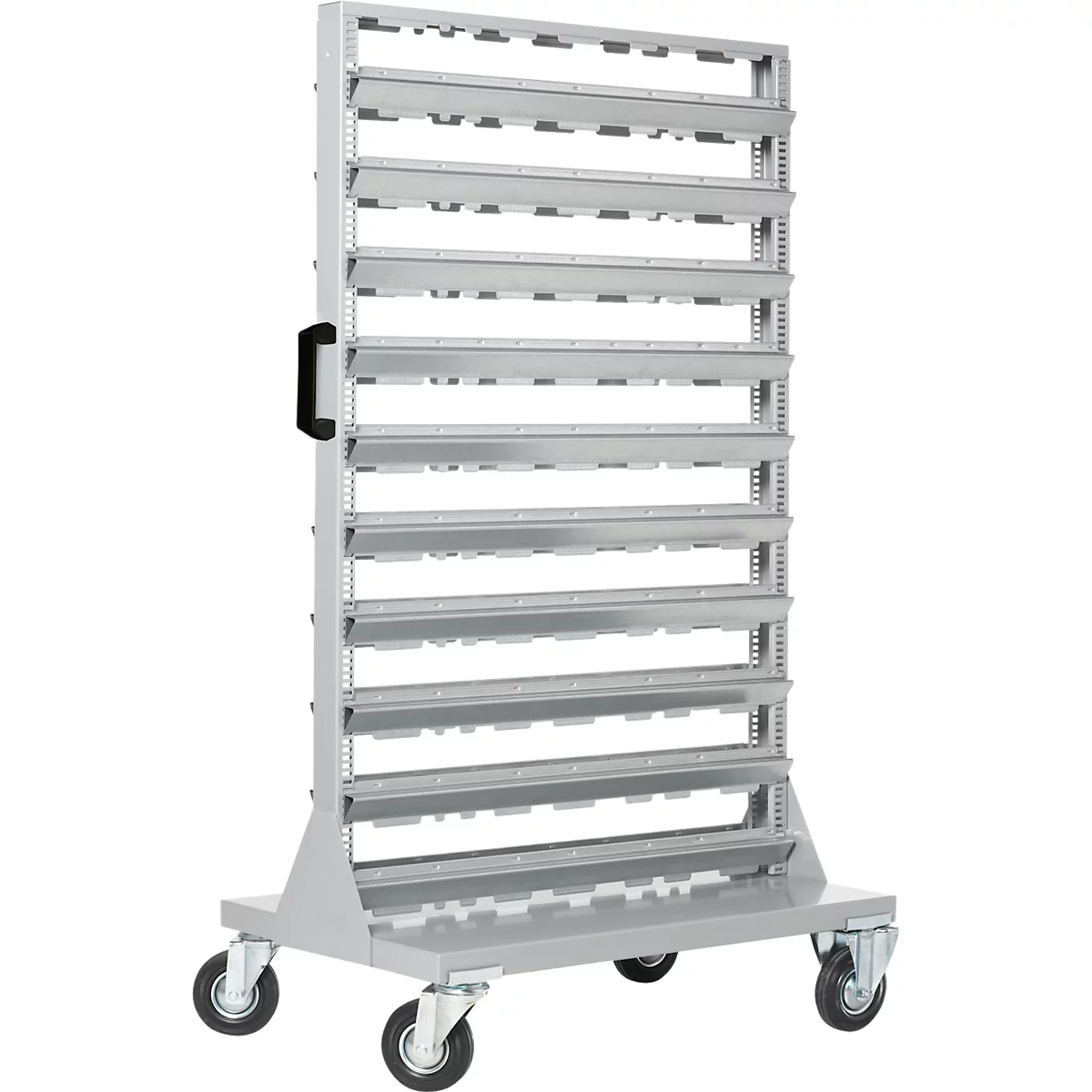 Verrijdbaar magazijn voor kleine onderdelen, aan 2 zijden stapelbaar, zonder open front magazijnbakken, B 825 x D 550 x H 1450 mm, staal, grijs