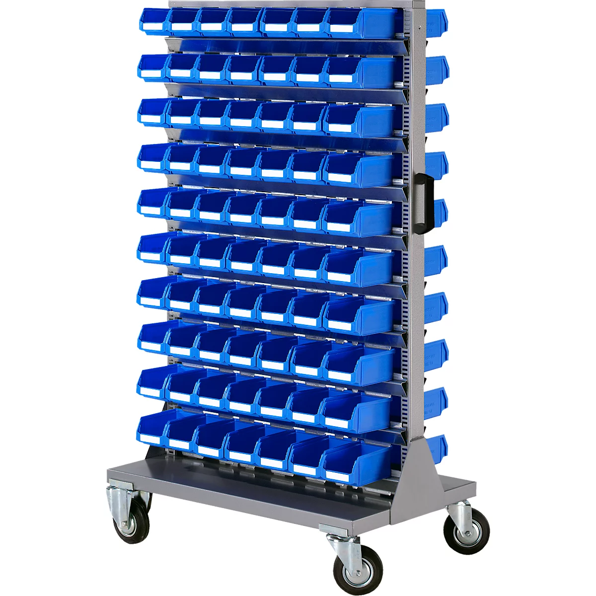 Winkelwagen met veel blauwe sorteerbakken. Wielen om te bewegen, handvat aan de zijkant.
