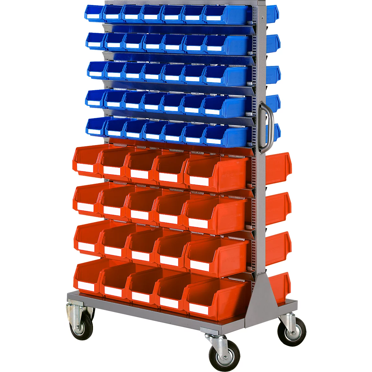 Gereedschapskar met blauwe en rode bakken. Het staat op wielen en heeft een handvat om te trekken.