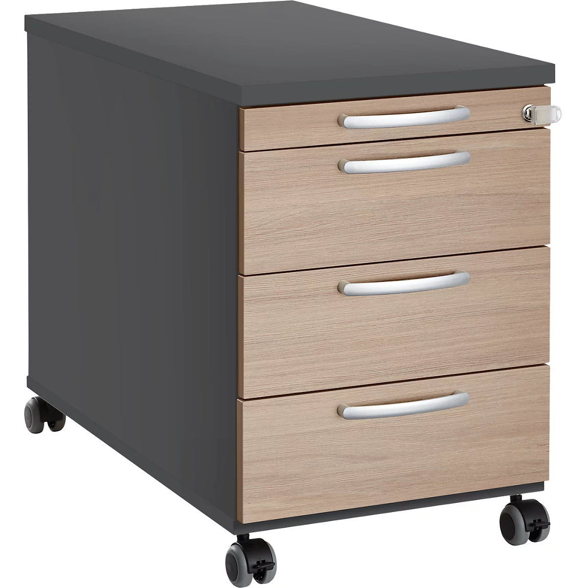 Verrijdbaar onderstel 1333, 3 laden en 1 materiaallade, afsluitbaar, ronde grepen, hout/staal/kunststof, B 434 x D 600 x H 613 mm, grafiet/eiken