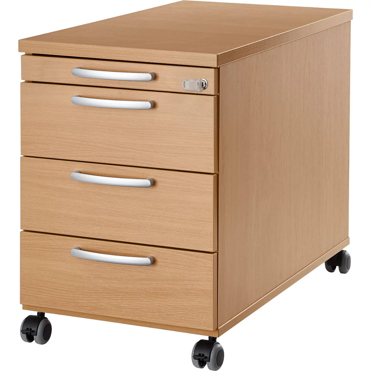 Verrijdbaar onderstel 1333, 3 laden en 1 materiaallade, afsluitbaar, ronde grepen, hout/staal/kunststof, B 434 x D 800 x H 613 mm, beuken afwerking