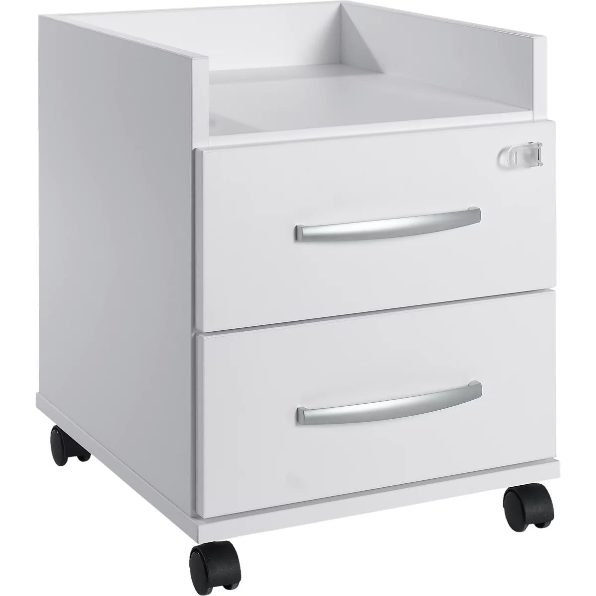 Verrijdbaar onderstel, ideaal voor thuiskantoor, 2 laden met handgrepen, opbergvak, centrale vergrendeling, incl. 2 kantelsleutels, B 409 x D 459 x H 507 mm, wit