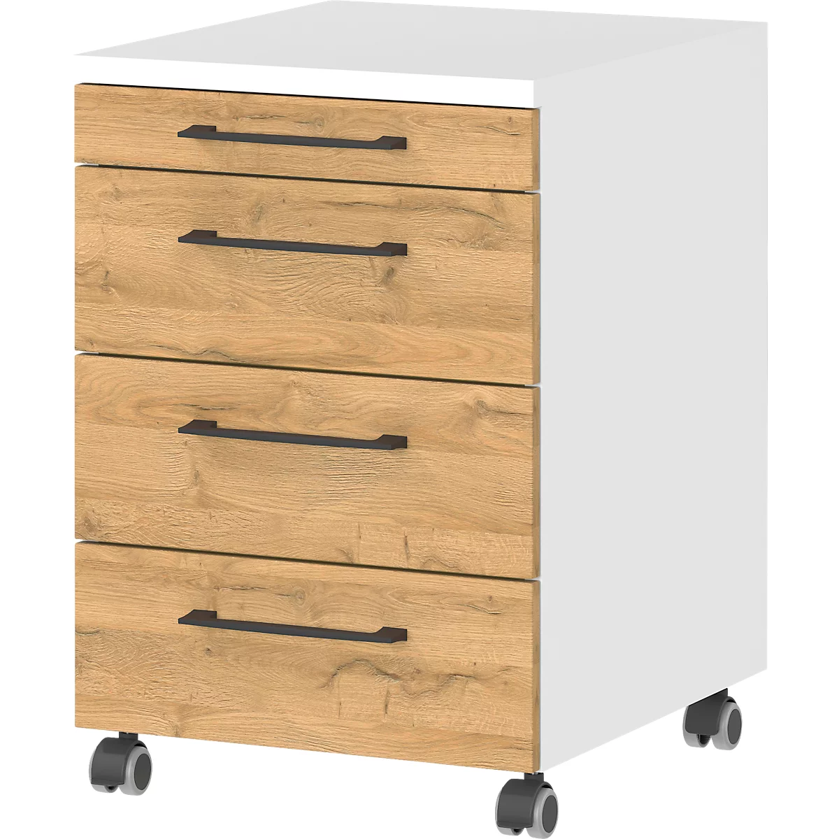 Rolcontainer met vier lades in houtlook en zwarte handgrepen. Hij staat op wielen.