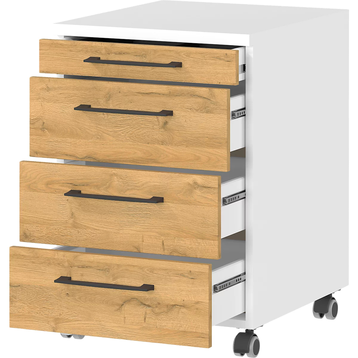 Witte roldeurkast met vier lades. De lades zijn gemaakt van hout in eikenlook, met zwarte handgrepen.